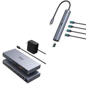 15-in-1 Docking Station 3 Monitor with 65W Power Adapter + 5-in-1 USB C Hub with 4K@60Hz Video Display