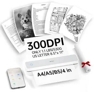 iDPRT Portable Thermal Printers Small Compact Inkless Wireless Printer for Home, Office & Vehicles, 300DPI, Support 8.5" x 11" Length US Letter A4&A5 Size, for Smartphone, PC, Black White Printing