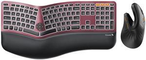 Backlit Wireless Full Size Ergonomic Keyboard Wine Red and Bluetooth Ergonomic Vertical Mouse Black