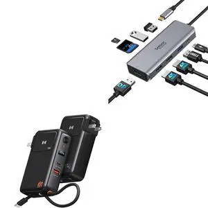 9 in 1 USB C Triple Display Docking Station Dual Monitor + 65W Portable Charger with Built in Cable and Wall Plug