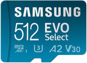 SAMSUNG EVO Select microSDMemory Card + Adapter, 512GB microSDXC, Up-to 160 MB/s, 4K UHD, UHS-I, C10, U3, V30, A2, for Mobile Phone, Smartphones, Nintendo-Switch, and Tablets (MB-ME512SA/AM)