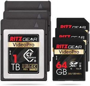 Ritz Gear VideoPro CFExpress Type B 1TB Card (1700/1400 R/W) (Attn: Not Recommended for Nikon Cameras). + UHS-II 64GB SDXC Memory Card U3 V60 A1(Pack of 3 Units)