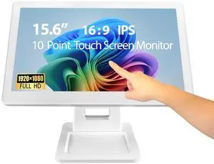 ANGEL POS 15.6 Inch 1920 x 1080 FHD IPS Touchscreen POS Monitor with Metal Stand, 10 Points Touch HDMI VGA, Waterproof Dustproof Screen 1080P, Indusitrial, Office, Retail, Gym, Warehouse (White)