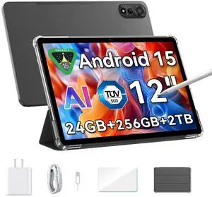 Blackview Android 15 Tablet Mega2 2025, 12 inch Android Tablet with FHD+2K Display, 24GB RAM + 256GB ROM, 9000mAh, Pen &Case, Octa-core Unisoc T615, Widevine L1, Google GMS, Gray