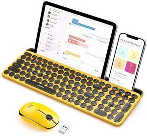 seenda Bluetooth Keyboard and Mouse for iPad, Multi-Device Bluetooth + 2.4G Wireless Round Key Cute Keyboard Mouse with Tablet Holder for MacBook/Windows Computer, iOS/Andriod Tablet Phone Yellow