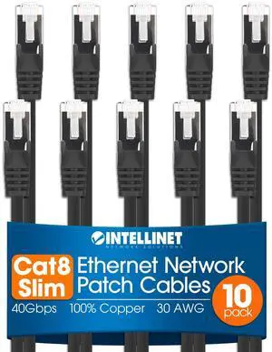 Intellinet Slim Cat8 Ethernet Network Patch Cable - 10-Pack - 40Gbps & 2000MHz, Snagless Boot, 30AWG Pure Bare Copper Wire, Gold-Plated Contacts, Lifetime Mfg Warranty - 7ft, 10 Pack, Black