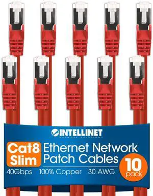 Intellinet Slim Cat8 Ethernet Network Patch Cable - 10-Pack - 40Gbps & 2000MHz, Snagless Boot, 30AWG Pure Bare Copper Wire, Gold-Plated Contacts, Lifetime Mfg Warranty - 7ft, 10 Pack, Red