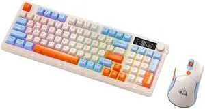 FREEWOLF T96 Smart Display Wireless Gaming Keyboard and Mouse Comb, 94Key LED Lighting Rechargeable Silent Membrane Keyboard with Knobs, 2000mAh Battery, 6-Button 4KDPI Mouse for Win/Mac(Blueberry)
