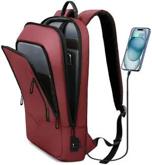 hk Backpack for Men Business Slim Backpack with USB Charger Computer Lightweight Anti-theft Travel (Red, 17.3 Inch)