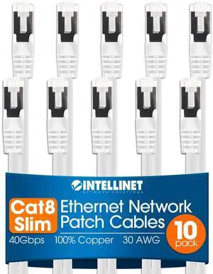 Intellinet Slim Cat8 Ethernet Network Patch Cable - 10-Pack - 40Gbps & 2000MHz, Snagless Boot, 30AWG Pure Bare Copper Wire, Gold-Plated Contacts, Lifetime Mfg Warranty - 10ft, 10 Pack, White