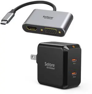 Selore&S-Global USB C to HDMI/VGA Adapter with 67W Dual USB C Charger PD 3.0 Foldable PPS Fast Charger Block