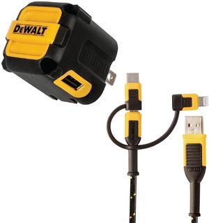 DEWALT 3-in-1 Combo Cable, 6ft + 2-Port USB Charger, Multi-Charging Cable, Lightning/Type C/Micro-USB Adapter, Fast Charging for iPhone 13-16 Pro Max, Samsung Galaxy, Google Pixel