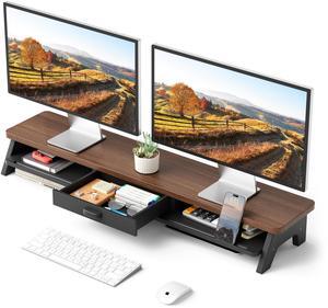 AFOOYO Dual Monitor Stand Riser,LED 2-Tier 39.3 Inch Computer Monitor Stand for 2 Monitors,Office Desktop Organizer with Storage Drawer and Phone Holder for Laptop,PC,Computer,Printer,Walnut Finish