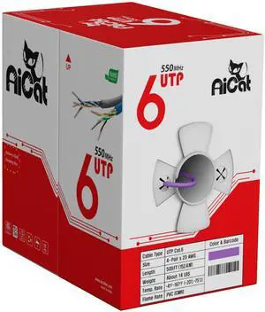 AiCat Cat6 Ethernet Cable 500ft - 23 AWG, CMR, ETL, Insulated Solid Bare Copper Wire Cat 6 Cable with Noise Reducing Cross Separator - 550MHZ / 10 Gigabit Speed, PoE++ Unshielded UTP LAN Cable(Purple)