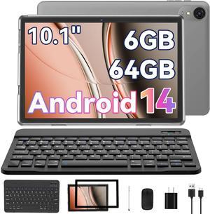 Tablet, 10 inch Android 14 Tablets with Keyboard, 6GB RAM 64GB ROM 1TB Expand, 1280x800 Touch Screen, Quad-Core Processor, 6000mAh Battery, Dual Camera, WiFi 5,Bluetooth 5.0