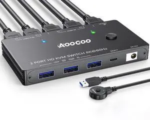 8K@60Hz HDMI KVM Switch 1 Monitors 2 Computers 4K@120Hz KVM Switches with USB 3.0 Port,Wired Remote,Power Adapter and USB3.0 Cables Included(2 PC 1 Monitor 8K HDMI KVM)