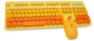 Acogedor 2.4G Keyboard and Combo, Colorful Cute Round Keycaps Typewriter Keyboard with USB Receiver, for PC Laptop Desktop (Mixed Color Yellow)