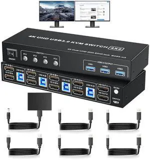 HDMI KVM Switch 4 Computers 2 Monitors, 4 Computer Dual Monitor KVM Switcher HDMI 4 in 2 Out USB 3.0 4K@60Hz Sharing Keyboard and Mouse, Support Extended/Copy Mode, with Wired Controller 4XUSB Cables
