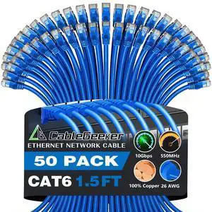 CableGeeker Cat 6 Ethernet Cable 1.5 ft (50-Pack) - Cat6 Patch Cables 10G Support, Snagless RJ45 26AWG Short Cat 6 Patch Cable, Internet Cable, Network Cable - 1.5 Feet Blue