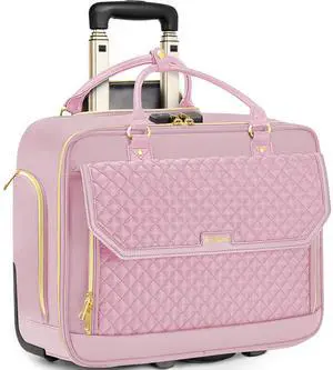 Arcoyard Rolling Laptop Bag for Women, 17.3 Inch Rolling Briefcase with Telescopic Extendable Handle, Work Bags with Wheels, Roller Computer Bag for Teacher, Pink