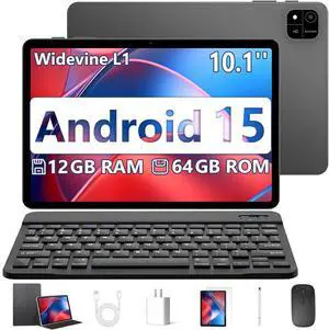 10 inch Android 15 Tablet, 12GB RAM 64GB ROM 2TB Expand, 2in 1 Tablets with Keyboard, Case, Mouse, Stylus,1280x800 IPSTouch Screen, Octa-Core Processor, WiFi, BT5.0. Dual Camera (Black with Keyboard)