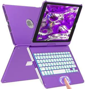 aMZCaSE for iPad 9th/8th/7th Generation Case with Keyboard with Touchpad, 360deg Slim Cover, Keyboard Case for 9th Generation with Color Blacklit,Pencil Holder,Smart Off/Up(Dark Purple)