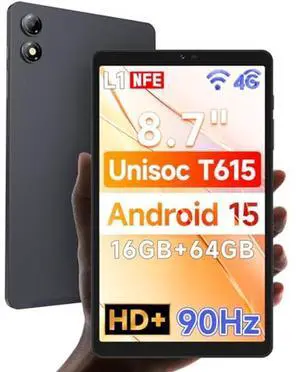 BNCF [2025 New Android 15] 8.7" Tablet, Unisoc T615 (8 Core), HD IPS 1340x800, 90Hz Reflex, 350Nits, Widevine L1, 5MP Camera, 4G LTE, 2.4G/5G WiFi, BT5.0, 5500mAh, PD18W, 16GB+64GB (1TB TF)