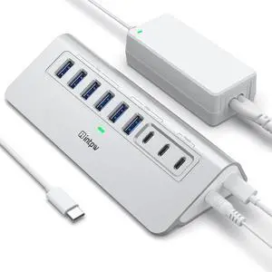 Powered USB Hub, intpw 9-Port USB 3.2/USB C Hub with 10Gbps USB C 3.2, 2 USB A 3.2, 4 USB 3.0, 2 PD 45W Charging Ports, 65W Power Adapter and 3.3FT Cable, Aluminum USB Hub for laptop, iPhone 16/15, PC