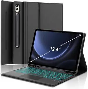 Touchpad Keyboard Case for Samsung Galaxy Tab S10+ Plus 2024/S9 Plus 12.4" 2023-7 Colors Backlit, Multi-Touch Trackpad, Detachable Bluetooth Touch Keyboard Smart Cover with S Pen Holder (Black)
