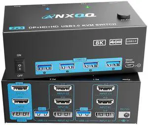 KVM Switch 3 Monitors 2 Computers, ANXQQ 8K@60Hz 4K@144Hz Triple Monitor KVM, 2 HDMI + 1 Displayport KVM Switch with 4 USB 3.0 Ports, 3 Monitor KVM with Power Adapter and Wired Remote