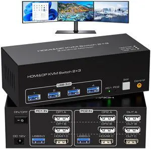 ATLAHET 8K HDMI 2 Displayport KVM Switch 3 Monitors 2 Computers DP 1.4 8K 60Hz 4K 120Hz Display Port for Two PC Share Triple Monitor and 4 USB 3.0 Peripherals Support Extended and Duplicate Mode