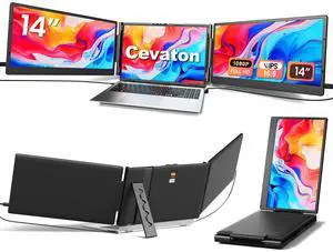 Cevaton Laptop Screen Extender, 14" FHD 1080P Triple Portable Monitor, Plug & Play Screen Extender, Auto Adjust Width Dual Monitor for 13" - 17" Laptops, Compatible with MacOS/Wins/Chrome/Dex