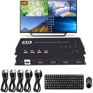4 Ports KVM HDMI Quad Multi-viewer Switcher 4K HDMI Screen Divider Switcher with USB KVM 4 in 1 Out Seamless Switch for 4 PC