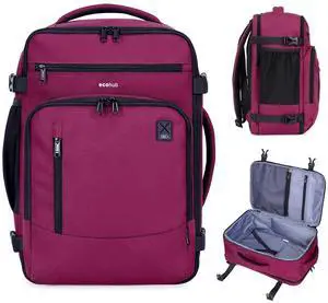 ECOHUB 17" Small Travel Backpack, United Airlines Personal Item Bag 17x10x9 with 16 Pockets, Water Resistant Rucksacks Fit 15.6" Laptop, AirTag Pocket, Lightweight Casual Daypack, 25L, Red