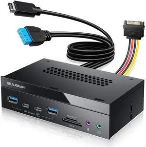 GRAUGEAR 5.25 Inch 10Gbps USB 3.2 PC Front Panel Card Reader with Audio Ports, SD/microSD Internal Card Reader, USB3.2 Type-E Key-A 20-Pin Header & USB3.0 Header & 15-Pin SATA Power Connector Required