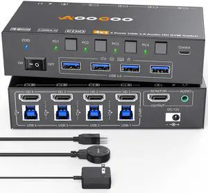 KVM Switch HDMI 8K@60Hz/4K@144Hz,HDMI KVM Switch for 4 Computers Share 1 Monitor and 4 USB3.0 Devices with Audio,Simulation EDID,Wired Remote and USB Cables Included
