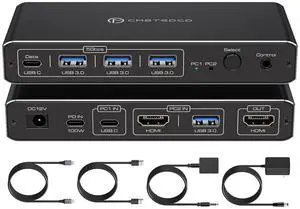 KVM Switch 1 Monitors 2 Computers 4K@60Hz USB C HDMI KVM Switch 2 Port for 1 Laptop 1 Desktop Share 1 Monitor Keyboard Mouse Hard Drives Printer Support 100W Charging for Laptop