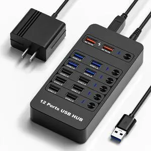 12 Ports Powered USB 3.0 Hub,Arector 12 in 1 USB Splitter Hub with 2 Smart Charging Ports, 10 USB A Ports, Individual On/Off Switches, USB 3.0 5Gbps High Speed Transfer, USB Hub for Laptop,Mac,PC