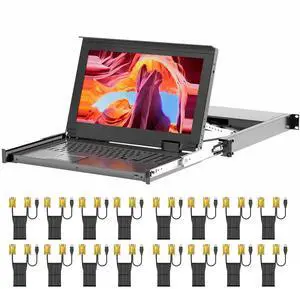 Rack Mount KVM w/15.6'' LCD Monitor, Arvitek 16 Port KVM Switch VGA, Fit 1U 19'' Rack, Suitable for 600-800mm Network Cabinet + 16 VGA KVM Cables