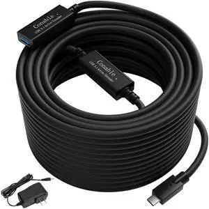 USB C to USB A Extension Cable 50 Feet, Long USB Type C-Male to USB 3.0 A-Female OTG Extender Adapter, with 2 Chipsets Signal Booster, with an AC Power Adapter (5V 2A), (Not Charging/Video Cable)