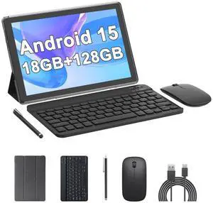 Android 15 Tablet, 10 inch 18GB RAM 128GB ROM, 2.0Ghz Quad-core Processor Tablet, 1280*800 IPS Touch Screen, 2.4G/5G WiFi, 2 in 1 Tablets with Keyboard, Case, Mouse, Stylus, 6000mAh Battery 8MP Camera