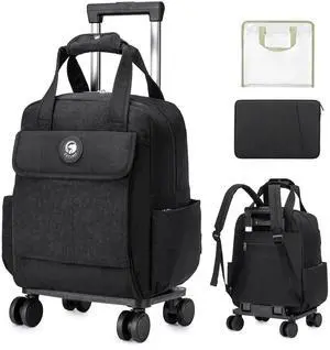 BAGZY Travel Backpack with Wheels Rolling Backpack Carry On Luggage Waterproof Rolling Teacher Bag with Laptop Compartment Briefcase for Women Men Computer Bag with Wheels Rolling 25L Black
