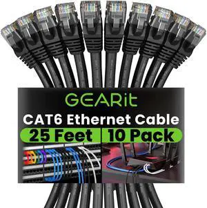 GEARit Cat 6 Ethernet Cable (10-Pack 25 Feet) Cat6 Network Patch, 10Gbps, RJ45, Snagless Cord, Gold-Plated Connectors, Internet for PC, TV, Tablet, Router, Printer, Servers, IT Data Center - Black