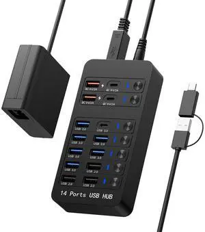 Glomtheia 14-in-1 Powered USB Hub with 60W PD Charging, 6 USB 3.0 Ports, 4 Fast-Charging Ports, 1 USB-C 3.0 Data Port & LED Switches for Laptop, Phone, Tablet