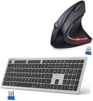 TECKNET Ergonomic Mouse & Bluetooth Keyboard Rechargeable, 4-Device Free Switching (2.4G+BT), Ultra-Slim Full Size Wireless Keyboard, Quiet Typing, for PC/Laptop/Smart TV/Phone, Adjustable Stand, 12 M