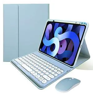 KMXDD Keyboard Case Compatible with iPad 11-inch A16 2025, iPad 10th Generation 10.9 Inch 2022 Case with Bluetooth Mouse Round Key Cute Removable Color Keyboard Cover,Mist Blue