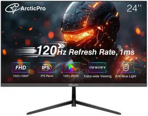 ArcticPro 24 inch Monitor 120Hz, FHD 1080p, Computer Monitor, IPS, 99% sRGB, 1ms Response Time, 3-Sided Frameless, Ultra Slim, VESA Mountable, Anti-Blue Light Design, HDMI & VGA Ports,Black