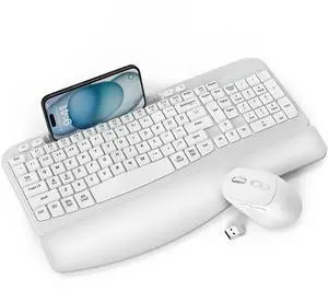Wireless Keyboard and Mouse Combo, Wave Keys Full-Sized Ergonomic Keyboard with Cushioned Plam Rest, Phone Holder, Comfortable Natural Typing, 2.4G Cordless Set for Computer, Laptop, PC, Mac, Windows