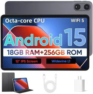 Android 15 Tablet with Octa-Core Processor, 12 Inch Tablets 18GB RAM (6+12GB), 256GB ROM+1TB Expand, 2000 * 1200 IPS Touch Screen, 8000mAh Battery 18W Fast Charge, 2.4/5Ghz Dual Band WiFi - Black