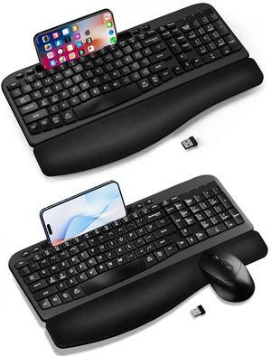 Ergonomic Wireless Keyboard & Wireless Keyboard and Mouse Combo with Cushioned Wrist Rest, Wave Keys, Phone Holder, Comfortable Natural Typing - 2 Pack